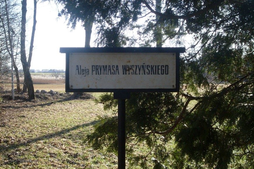 Tablica przy alei wiodącej na cmentarz parafialny w Andrzejewie