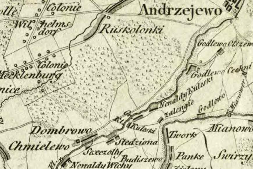 Mapa okolic Kuleszk z 1806 roku wskazuje na istnienie dużych połaci lasów tuż za rzeką Brok Mały